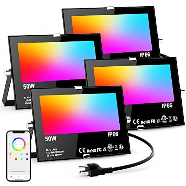 Flood Lights Outdoor RGB, 500W Equivalent Smart Color Change & Daylight 5700K Landscape Light, IP66 Waterproof Patio Lights via App Control, Indoor Ambient Lighting, DIY Scenes/Music Sync/Timing-4Pack