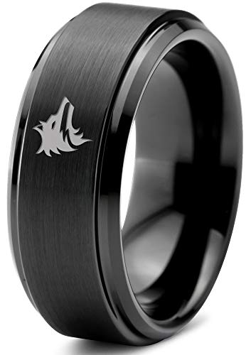 Zealot Jewelry Tungsten Wolf Wolfpack Pack Canine Dog Band Ring 8mm Men Women Comfort Fit Black Step Bevel Edge Brushed Polished Size 12