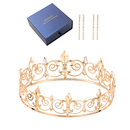 JMZEX Royal King Crown Men's Crystal Rhinestone Medieval Fleur De Lis Prom Party Tiaras Crown Costume Accessories For Prom Party Wedding Halloween (Gold)
