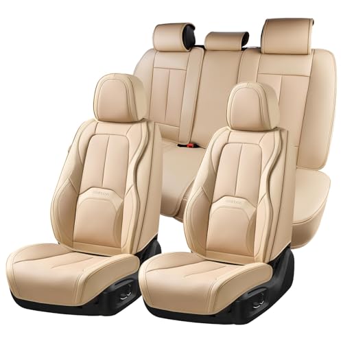 Coverado Car Seat Covers Full Set, Premium Nappa Leather Seat Covers for Car, Waterproof Car Seat Protector with Lumbar Support, Automotive Seat Covers Universal Fit for Most Cars SUV Truck(Beige)