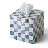 CHI AN HOME 5.9" Tissue Box Cover, Handmade Checkered Cube Tissue Box Cover with Capiz Shells, Decorative Tissue Holder for Living Room, Bathroom, Bedroom or Office (Navy Blue, Large Square)
