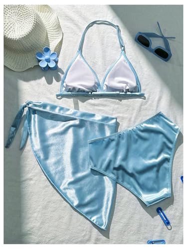 Image of SOLY HUX Girl's Summer Swimsuit Set Floral Halter Triangle Bikini Set with Wrap Skirts Beachwear