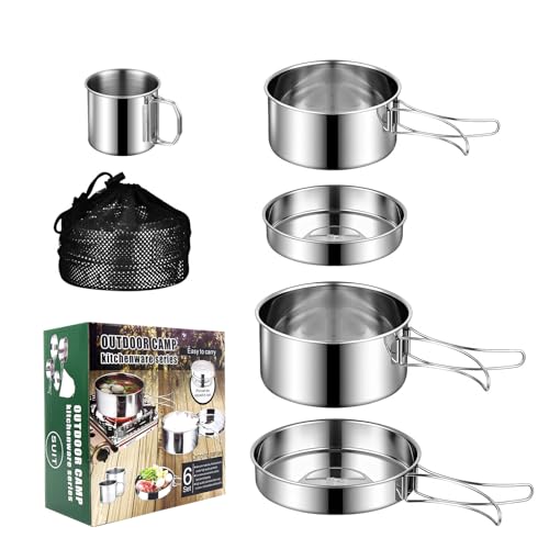 KUIRUNRX® Batterie de Cuisine de Camping, Couverts Pliables Empilables, Kit de Camping Vaisselle en Acier Inoxydable, pour Camping, Extérieur, Randonnée,...