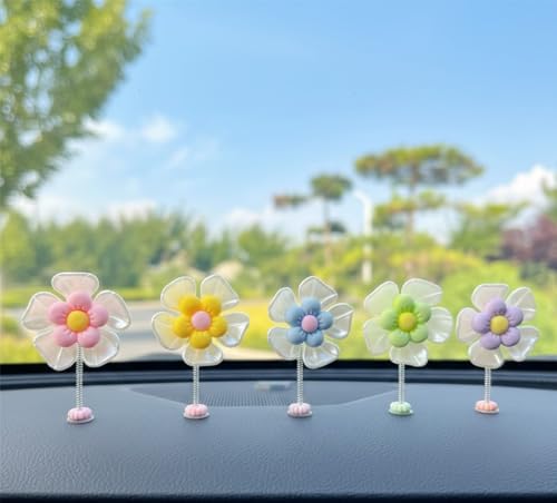 Image of Car Dashboard Decor Sunflower Cute Shaking Head Dancing Flower Interior Accessories Mirror Decorative Ornament (Includes 5 Flowers with Adhesive Stickers for Easy Install) (5 Pcs)