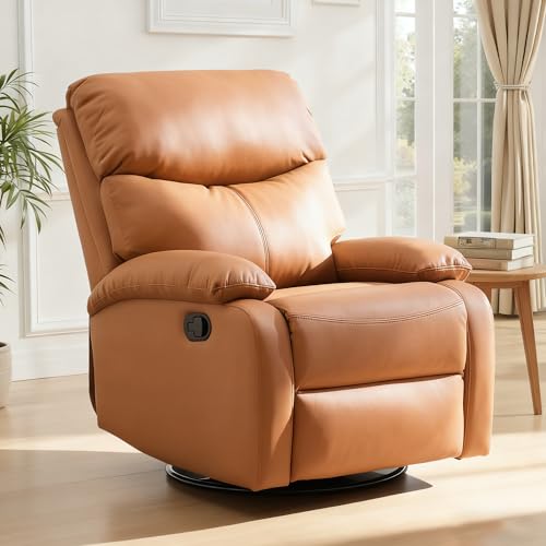 Chizzyseat Genuine Leather Rocker Recliner Modern Manual Swivel Glider Recliner with Adjustable Backrest & Footrest Wall Hugger Swivel Rocking Recliner Chair for Modern Living Room and RV Brown