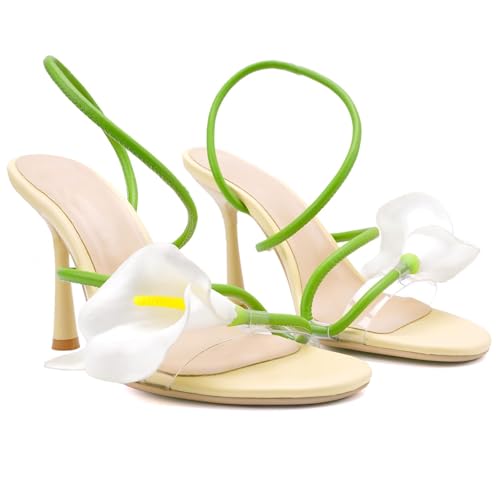 Image of Flower High Heels for Women Calla Lily Open Toe Floral Stilettos Heels Sexy Strappy Heeled Sandals Wedding Birthday Dressy