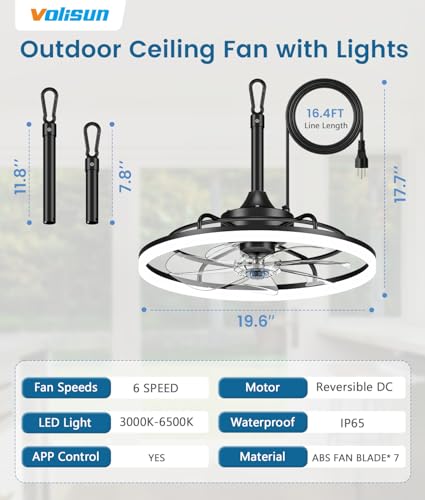 VOLISUN Outdoor Ceiling Fans with Light for Patios, 19.7in Weatherproof Plug in Ceiling Fan, 3000K-6500K Dimmable Gazebo Fan Remote&APP Control, Black Caged Ceiling Fan for Porch, Pergola,Canopy - image 7