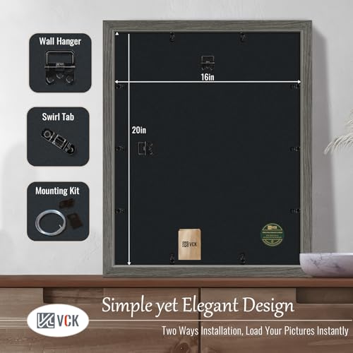 Image of VCK 16x20 Frames 3 Pack, Gray Grey Poster Frame MDF Wood with Polished Plexiglass, Wall Mounting Horizontal & Vertical Display