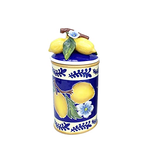 Blue Sky Ceramics Kiln Fired Clay Lemon Canister,Hand Casted & Hand Painted,Heavy Duty & Ceramic Storage,Perfect for Cookies,Dog Treats,Candy, Flour or Sugar Fruit Themed Decoration (Small)