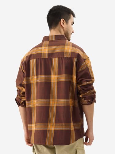Image of The Souled Store Plaid: Sirocco Men and Boys Collared Neck Long Sleeve Cotton Button Down Relaxed Shirts Brown Shirts Casual Button-Down Full Sleeve Plaid Checks Casual Workwear Fashionable Stylish