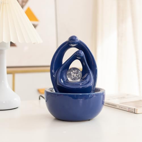 Ceramic Tabletop Water Fountain Feature for Indoor and Outdoor Home Decoration Table Desktop Office Modern Design (Blue)