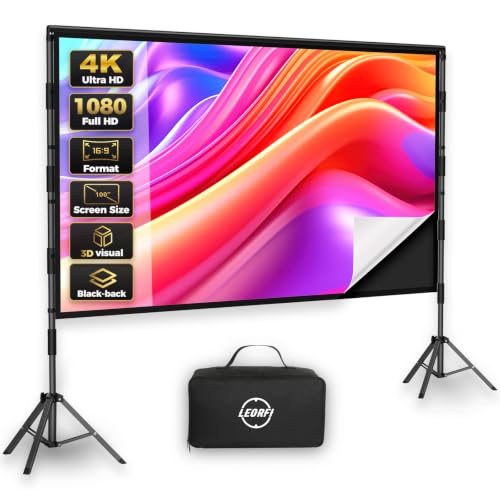 Outdoor Projector Screen with Stand - LEORFI 100 inch Black Backing Projection Screen - Upgraded Movie Screen 16:9 4K HD - Wrinkle-Free Lightweight Movie Screen with Carry Bag for Backyard Night