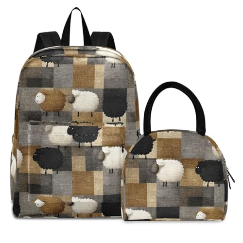 Checkered Sheep Print Backpack Set with Lunch Bag, Large Capacity Travel Backpacks and Lunch Box Insulated for Commute Hiking Picnic