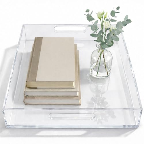 Clear Large Acrylic Serving Tray 20x12, Waterproof Modern Coffee Table Tray with Handles, Decorative...
