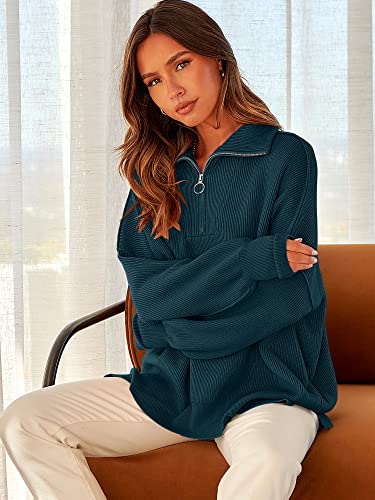 Image of ANRABESS Womens Oversized Quarter Zip Pullover Sweaters | Fall Fashion Outfits, Long Sleeve Slit Side, Baggy Loose Fit, 1 /4 Zip Lapel Collared, Ribbed Knit Soft Warm Winter Clothing