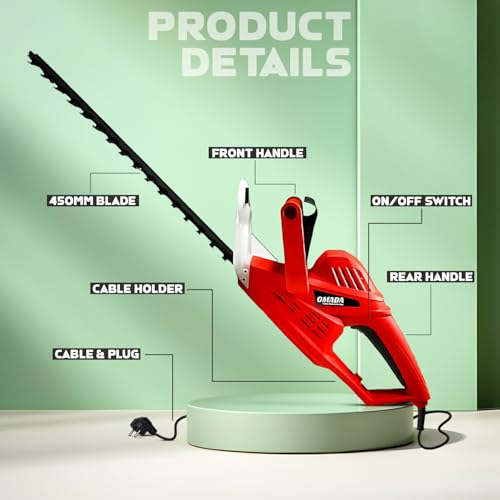Image of OMADA Corded 520W Hedge Trimmer, 45cm Blade Length, 5 Metre Cord Length, 3 Kg, Cutting Diameter 16mm,2-Handed Safe-Start Switch, Cutting Length 410mm with No Load Speed 1700 RPM TOP Customer Service
