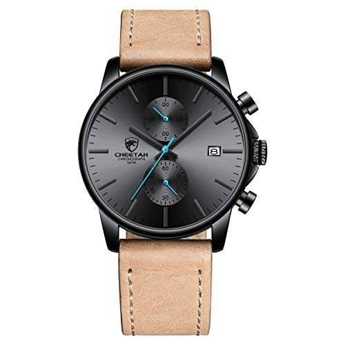 Men's Fashion Sport Quartz Watches with Leather Strap Waterproof Chronograph Watch, Auto Date in Blue Hands, Color: Black, Brown