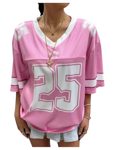 SweatyRocks Girl's Letter Number Jersey Shirt V Neck Drop Shoulder Oversized Mesh T Shirt