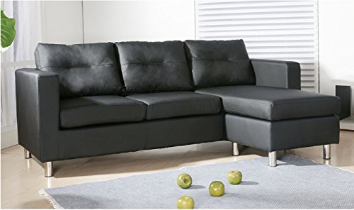 Container Furniture Direct Rayna Contemporary Faux Leather Reversible Chaise SECTIONAL, Black - Thumbnail 2