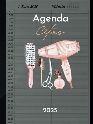 Agenda Peluquería 2025: Libro de Citas para Peluqueria con Fecha y por Horas, Dia por Pagina 4 Empleados | Intervalo de 30 Minutos de 7:00 a 22:30 (4 Columnas) y Calendario de Mes Corriente A4