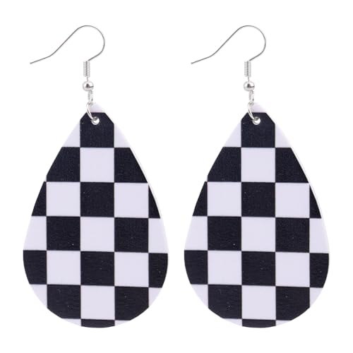 Checkered Earrings for Women, Black and White Chessboard Dangle Drop Earrings Lightweight Leather Teardrop Vintage Accessories Gift for Her
