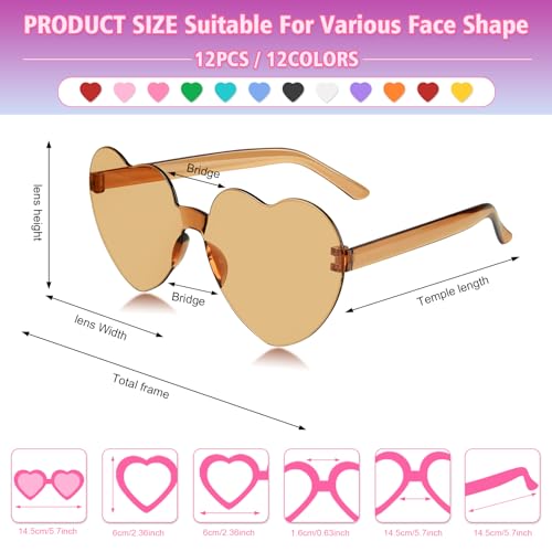 NACHLYNN 12 Lunettes de soleil en forme de cœur pour femme, 12 couleurs, sans bord, en forme de cœur, transparentes, couleur bonbon, pour cadeaux de fête – vue 2