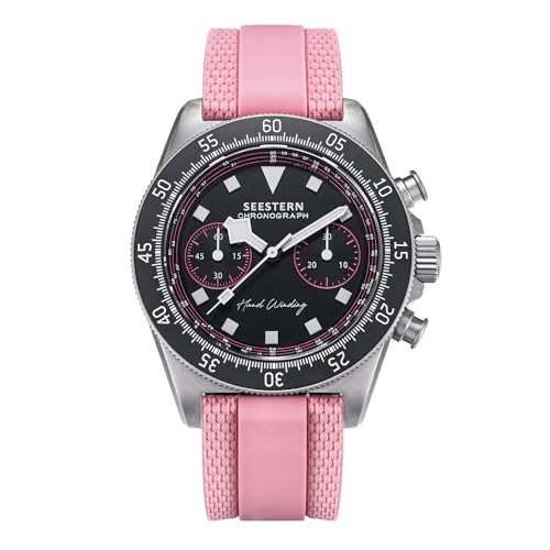 Seestern S443 montre homme chronographe mécanique acier noir caoutchouc rose saphir