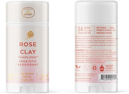 Honestly pHresh Natural Prebiotic Deodorant, Baking Soda & Aluminum Free Safe for Sensitive Skin, 24 Hour Odor Protection, 2.25 Oz, Rose Clay