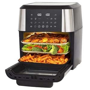 Airfryer XXL 12L mit Rotisserie Grill, Heißluftfritteuse Groß wie Backofen, LED Touch, 360° Umluft, Inkl. 2 Grillspieße & Zubehör, Gesund & Energiesparend Kochen für Großfamilien, Schwarz