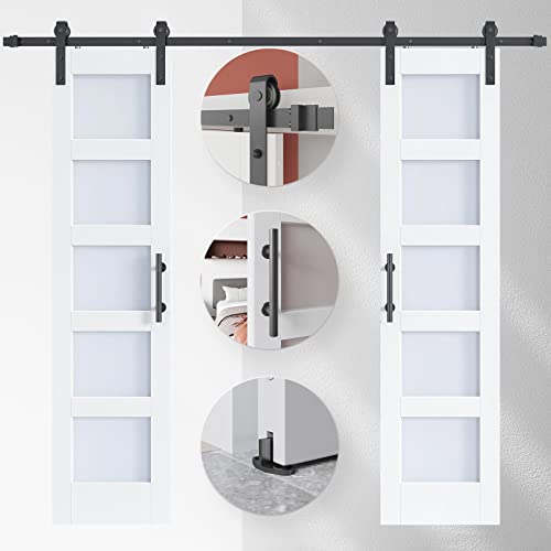 Easelife 48In X 84In (Double 24In×84In Door) Glass Barn Door With 8Ft Sliding Double Door Hardware Kit Included & Handle,Solid Lvl,Water-Proof Surface,Diy Assembly,5-Panel Glass,White #TOP2
