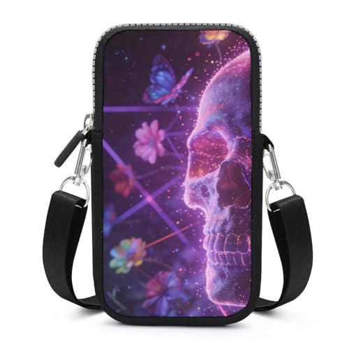 JZDACH Womens Cell Phone Purse Bags, Crossbody Zipper Fabric Wallet Bag, Fashion Outdoor Travel Lightweight Card Passport Shoulder Bags, Neon Pink Skull With Butterflies Gothic