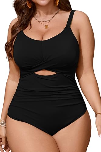 Women's Plus Size One Piece Swimsuit Bathing Suit Tummy Control Cutout Twist Front Push Up Ruched Swim Suit Swimwear
