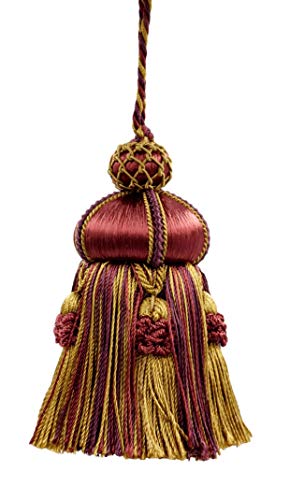 DÉCOPRO Elegant Hand-Crafted 4" (10cm) Key Tassel, 3 1/2" (8.5cm) Loop, Accented with Crown Tassels (KTAX4) Golden Brown Beige Multicolor #LX09 (Golden Beige, Dark Red, Plum Purple) Individually Sold