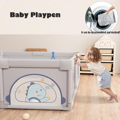 Image of MONSTECH Large Baby Playpen 150x180cm Pit Balls Playpen for Baby up to 5 Years with Anti-Fall Rings, Safety Lock, Breathable Mesh, Kids Activity Center Play Pen (180-150-GreyPrinted)