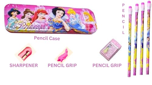 Image of Kidox Stationery Set for Kids- Birthday Gift for Girls, Boys - Metal Geometry Box for Girls & Boys Kids Pencil Box Set, Pencil Case Set, Pencil, Erasers, Sharpener for Children-Pink-Princess