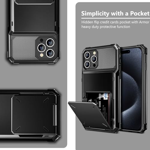 Vofolen for iPhone 15 Pro Max Case with Card Holder, 4-Card Dual Layer Heavy Duty Shockproof Wallet Case, Hidden Flip Card Slot Protective Hard Back Cover for iPhone 15 Pro Max, 6.7\'\' Black