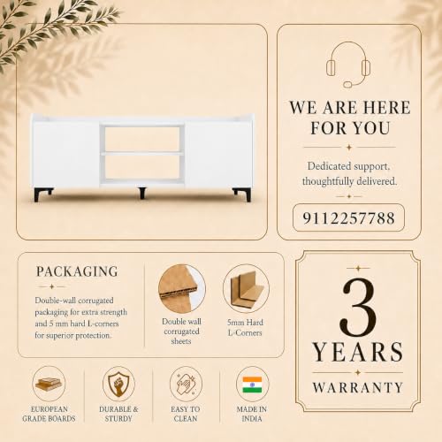 Image of Studio Kook Symphony Global 150 cm TV Unit, Moonshine White | 150 cm engineered wood TV cabinet for 40-65 inch TVs, with two side cabinets, open shelves and a 70 kg tabletop capacity.