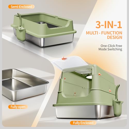 Image of Stainless Steel Cat Litter Box with Lid, Enclosed Extra Large Metal Litter Pan for Big Cats, Full Flip Cover High Sided LitterBox Include Scoop, Easy Cleaning, Non-Stick, Green