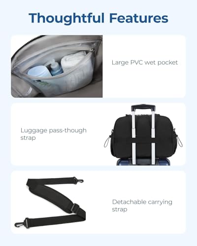 Image of Travel Duffle Bag for Women with Wet Pocket | Lightweight Gym Bag for Travel, Yoga, Sports & Weekend Trips | Cabin Personal Item Tote Bag (Black)