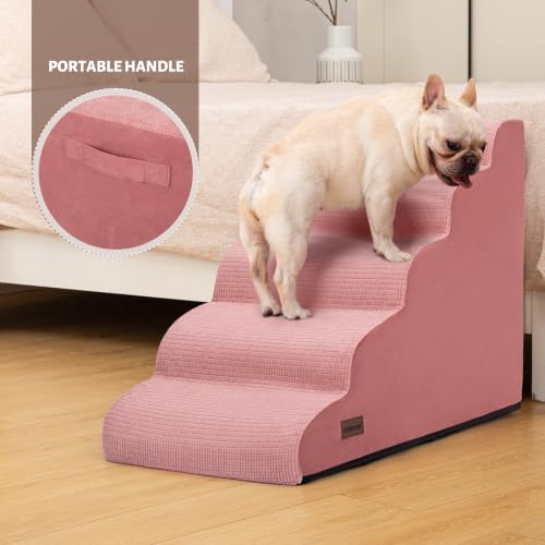 Image of 5-Step Pink Dog Stairs for High Bed, Pet Ramp for Small Dogs, Cats | Aodisman Pink Pet Stairs Designed for Small Dogs and Cats, Making It Easier to Get on High Beds with Comfort , 22.4 inch H