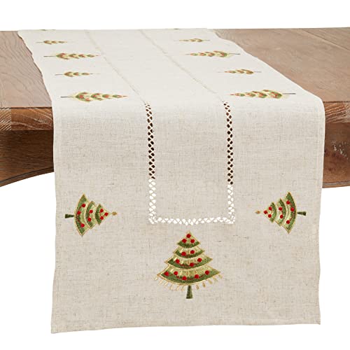 SARO LIFESTYLE Embroidered Christmas Tree Table Runner, Natural, Polyester, Christmas Tree Pattern