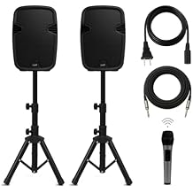 Bowens 8-Inch Bluetooth PA Speaker Set Portable Speakers Bluetooth Wireless Microphone with Stands and Cable Party Speaker & DJ Speakers Outdoor Sound System, PA System Set for Events, Karaoke