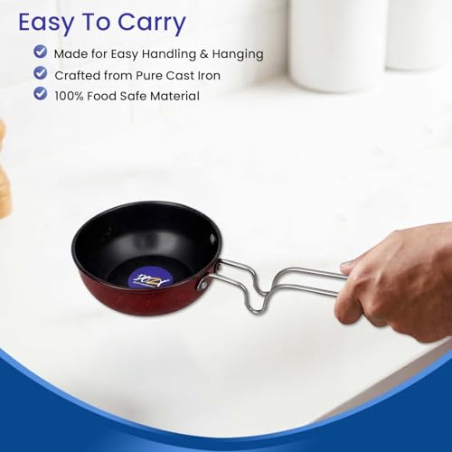 Image of DOZY 12cm Non Stick Tadka Pan /Fry Pan, Cherry, Pack of 1 | Heavy-Duty Construction, Stainless Steel Handle, Scratch Resistant, Non-Toxic & Durable