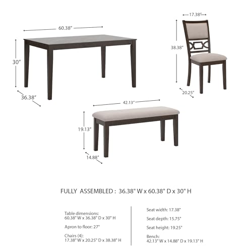 Image of Signature Design by Ashley Langwest 6-Piece Dining Table Set with Bench | Seats up to 6, 60.38 in W dining table, Reverse diamond patterned veneer, Tapered legs, Light beige polyester fabric