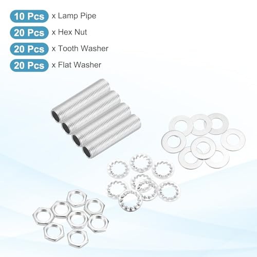 Image of MECCANIXITY 70Pcs 1.4 inch Lamp Pipe Nipples Kit with Hex Nuts Washers, M10 Fine Threaded Hollow Tube Repair Hardware Fasteners Assortment for Assembly Chandelier Ceiling Lamp DIY, Silver