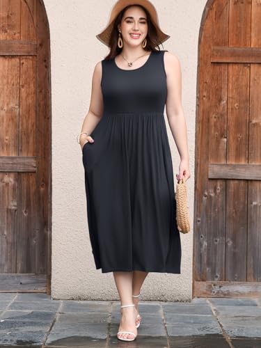 Image of LARACE Women's Plus Size Sleeveless Maxi Dress Casual Crew Neck Pleated Flowy Long Dresses with Pockets L-6XL