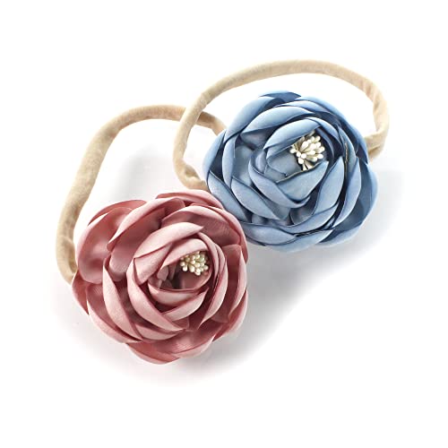 My Lello Baby Girl Ranunculus Flower Stretchy Nylon Elastic Headbands Set 2pcs - Small - Dusty Rose/Dusty Blue