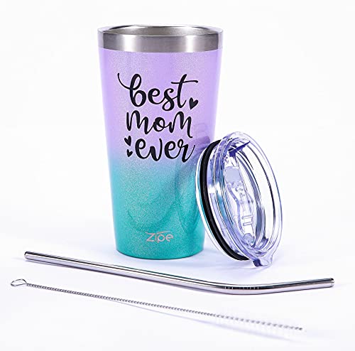Buy 2 get 3 Coffee Mug, 16 oz Stainless Steel Vacuum Insulated Coffee Travel Mug Tumbler with Lid, Steel Straws & Brush. "Best Mom Ever" Coffee Cup for Cold Drinks & Hot Beverages