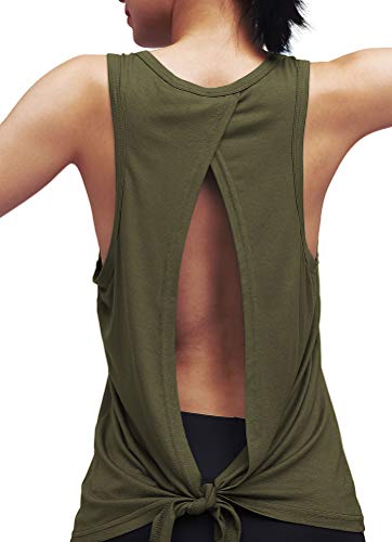 Mippo Womens Workout Yoga Tops Open Back Shirts Athletic Tank Tops Gym Exercise Cute Work Out Clothes for Women Army Green S