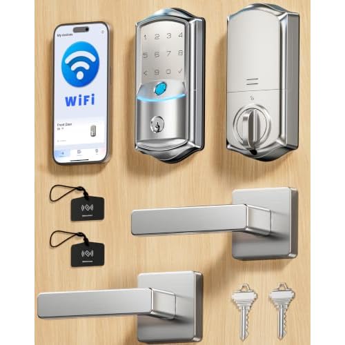Veise VE027-L Built-in WiFi Smart Lock with Handle, Fingerprint keyless Entry Door Lock Set, App Remote & Voice Control, Electronic Deadbolt for Front Door, Touchscreen Keypad, Auto Lock, Sa